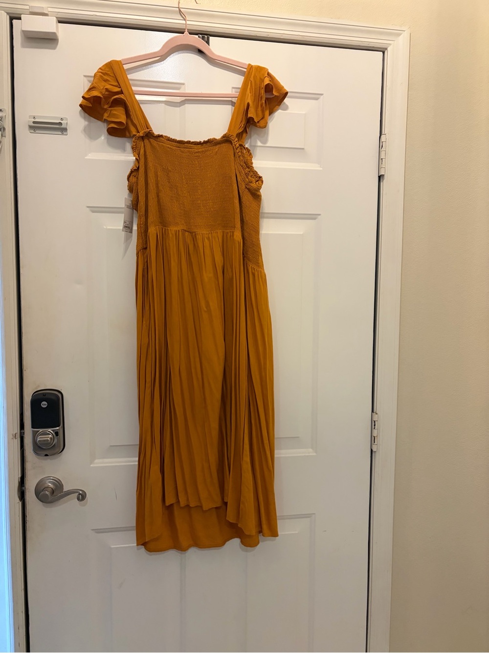 Sonoma Mustard Flutter-Sleeve Midi Dress